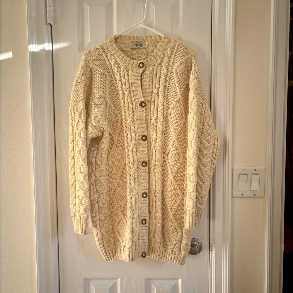 Blarney 100% Irish Wool Cable Knit Fisherman Sweater Button Cardian